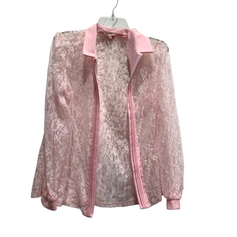 Vintage Bonne Pink Sheer Floral Lace Zip Up Jacket Collared Made‎ in USA Womens